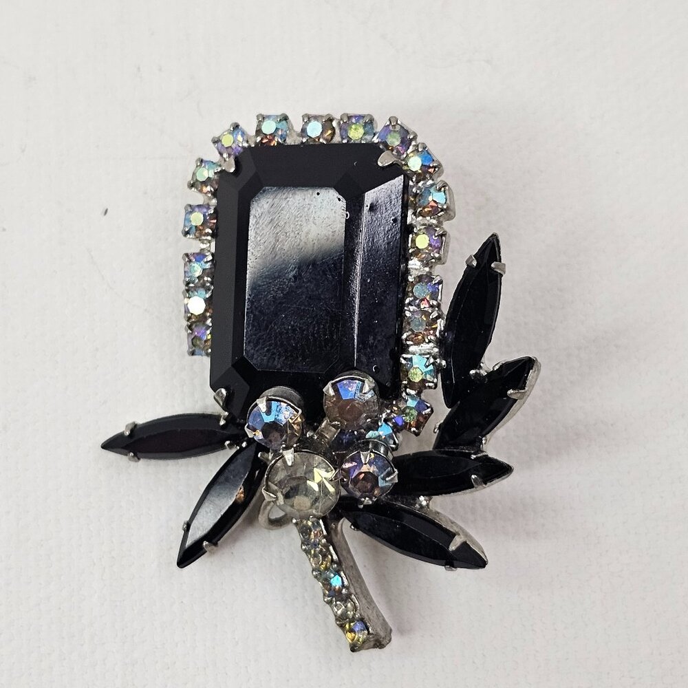 Vintage Silver Tone Black AB Rhinestone Brooch Aurora Borealis Open Back